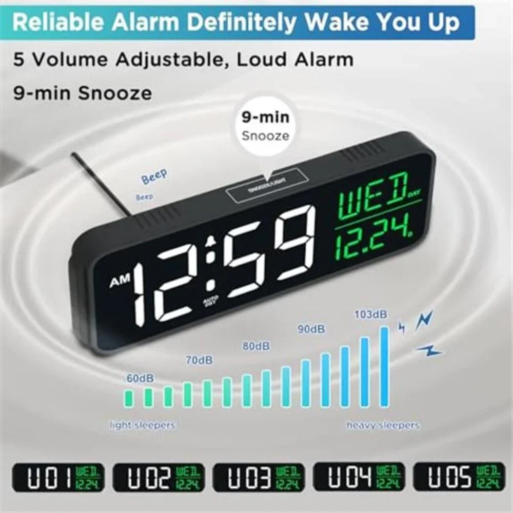Digital Alarm Clock Large Display Bedroom Desk Table Calendar Dimmable USB